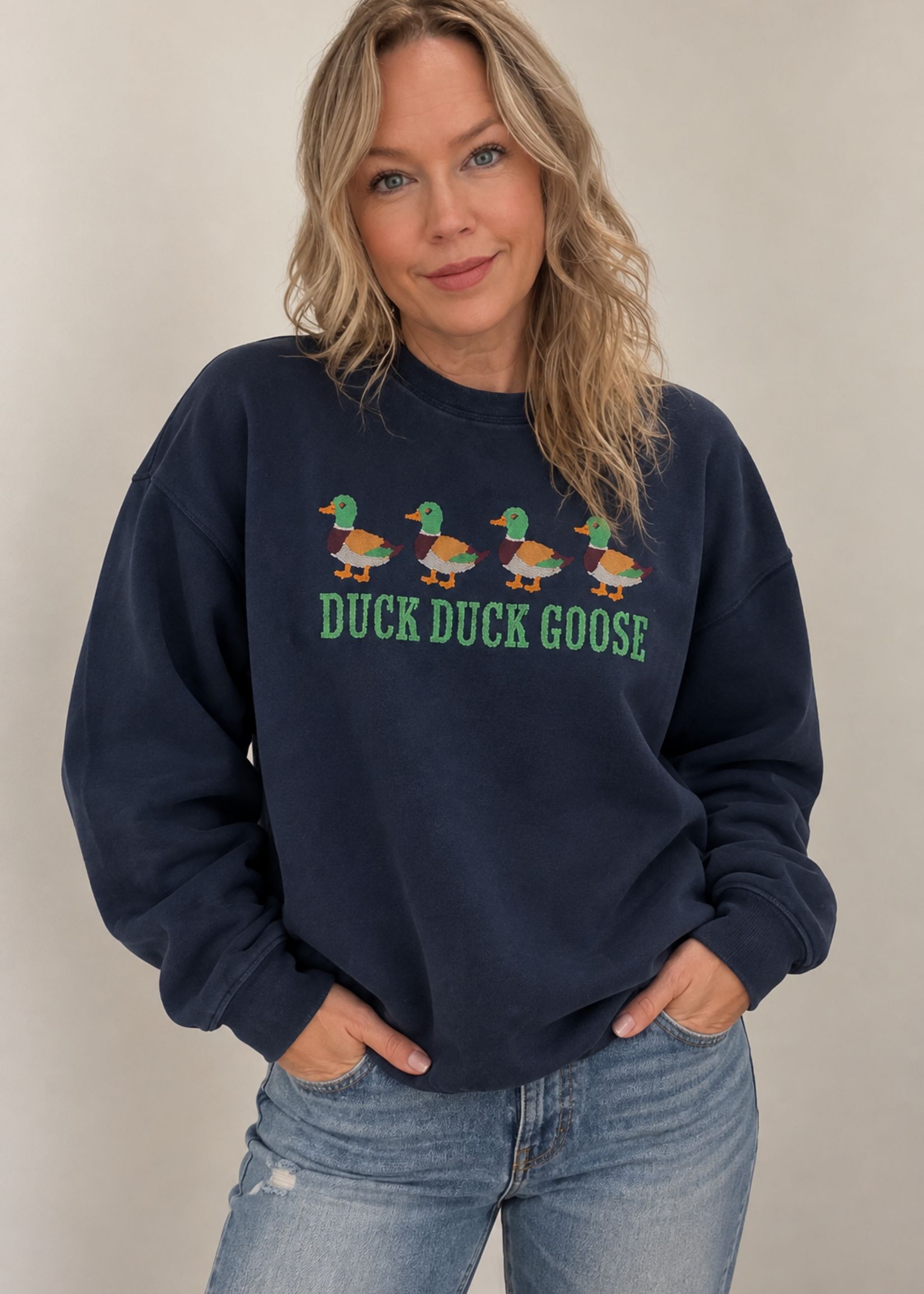 Sweet Claire Duck Duck Goose Embroidered Cross-Stitch Sweatshirt
