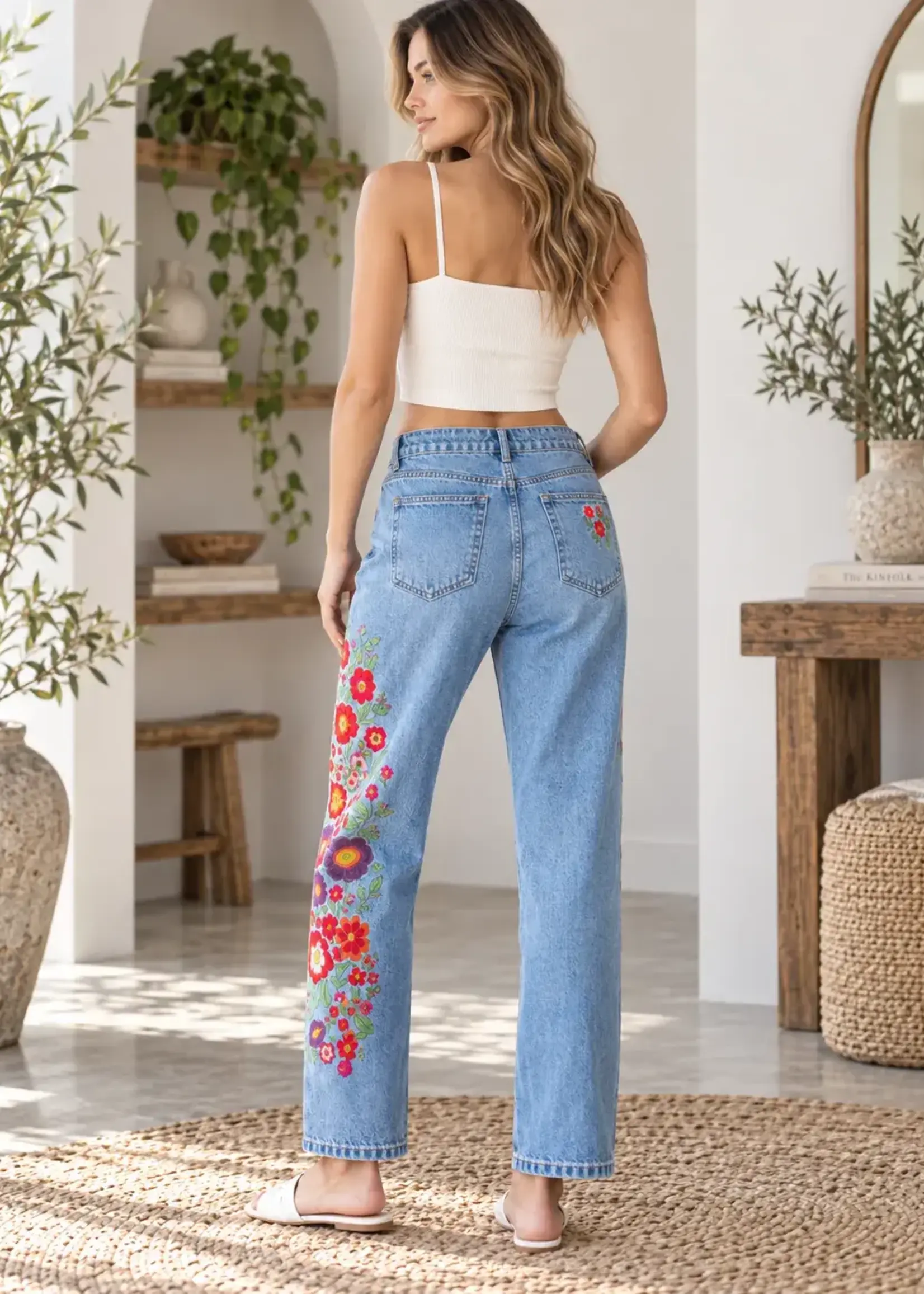 Oli & Hali Washed Flower Embroidered Jeans