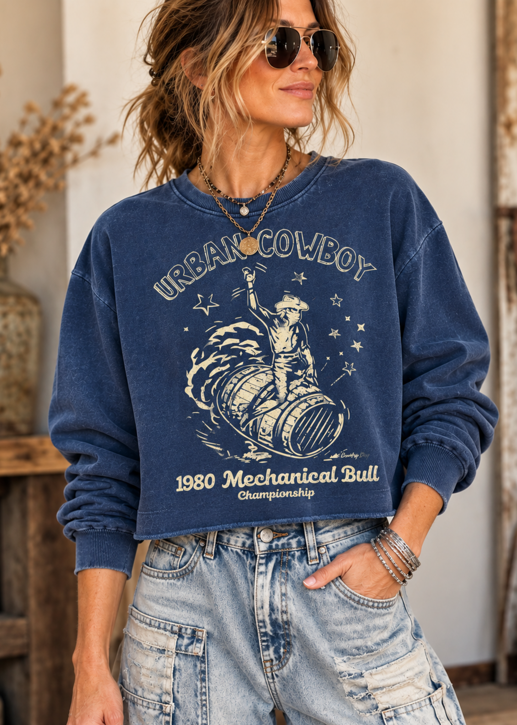 Country Deep Urban Cowboy Blue Vintage Crop Sweatshirt