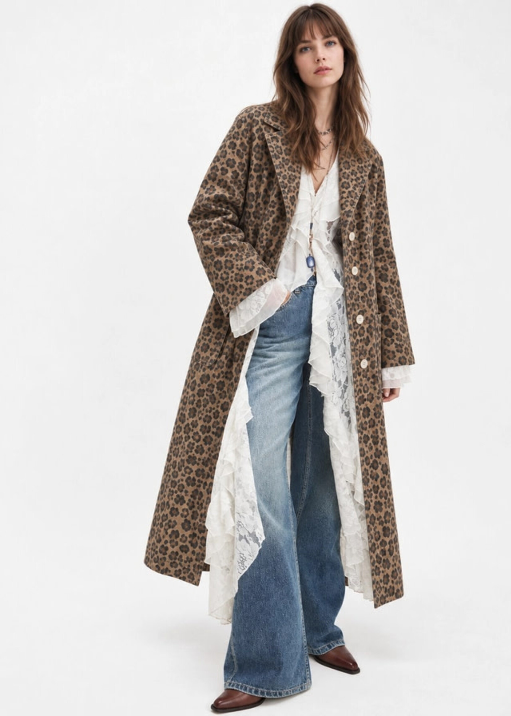 J Line Wild Muse Washed Leopard Denim Duster Coat PREORDER