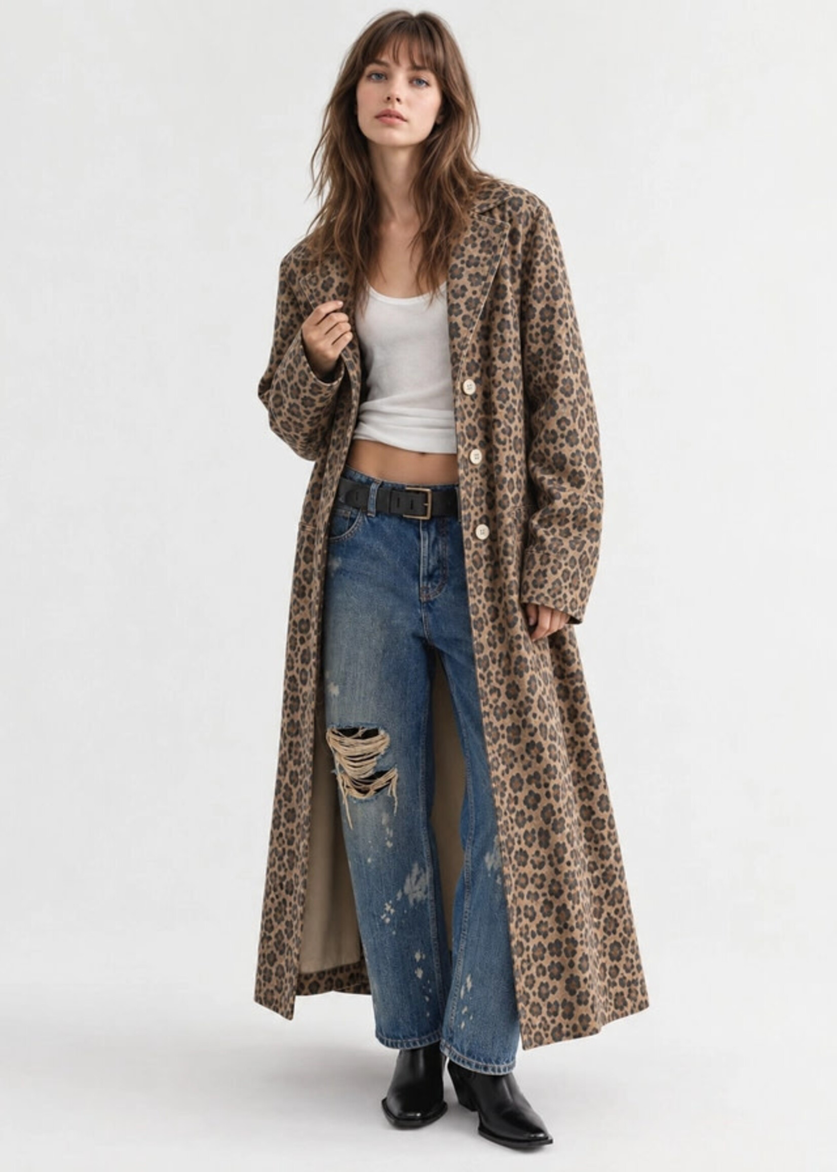 J Line Wild Muse Washed Leopard Denim Duster Coat PREORDER