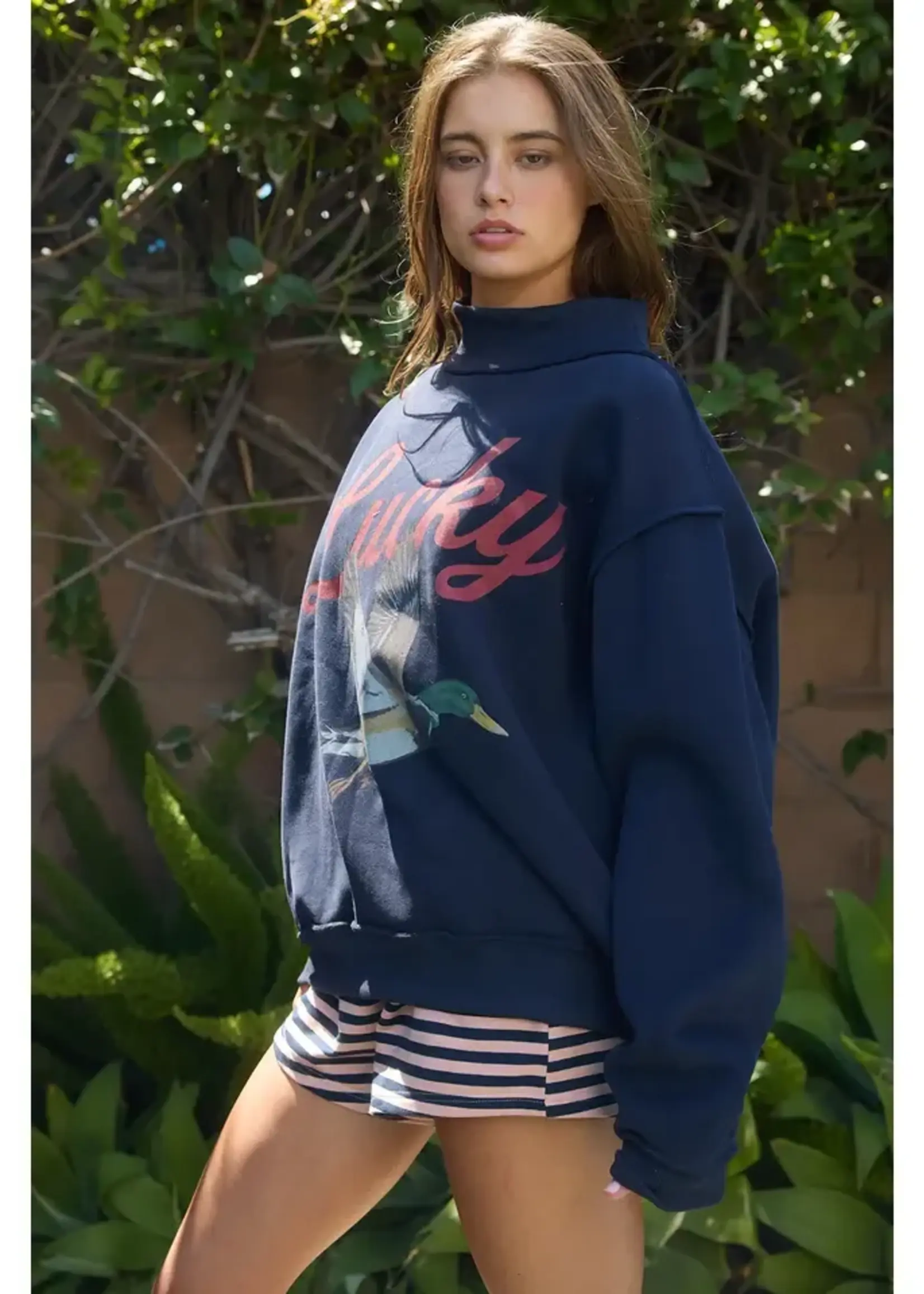 BUCKETLIST Lucky Duck Mallard Mockneck Sweatshirt Navy