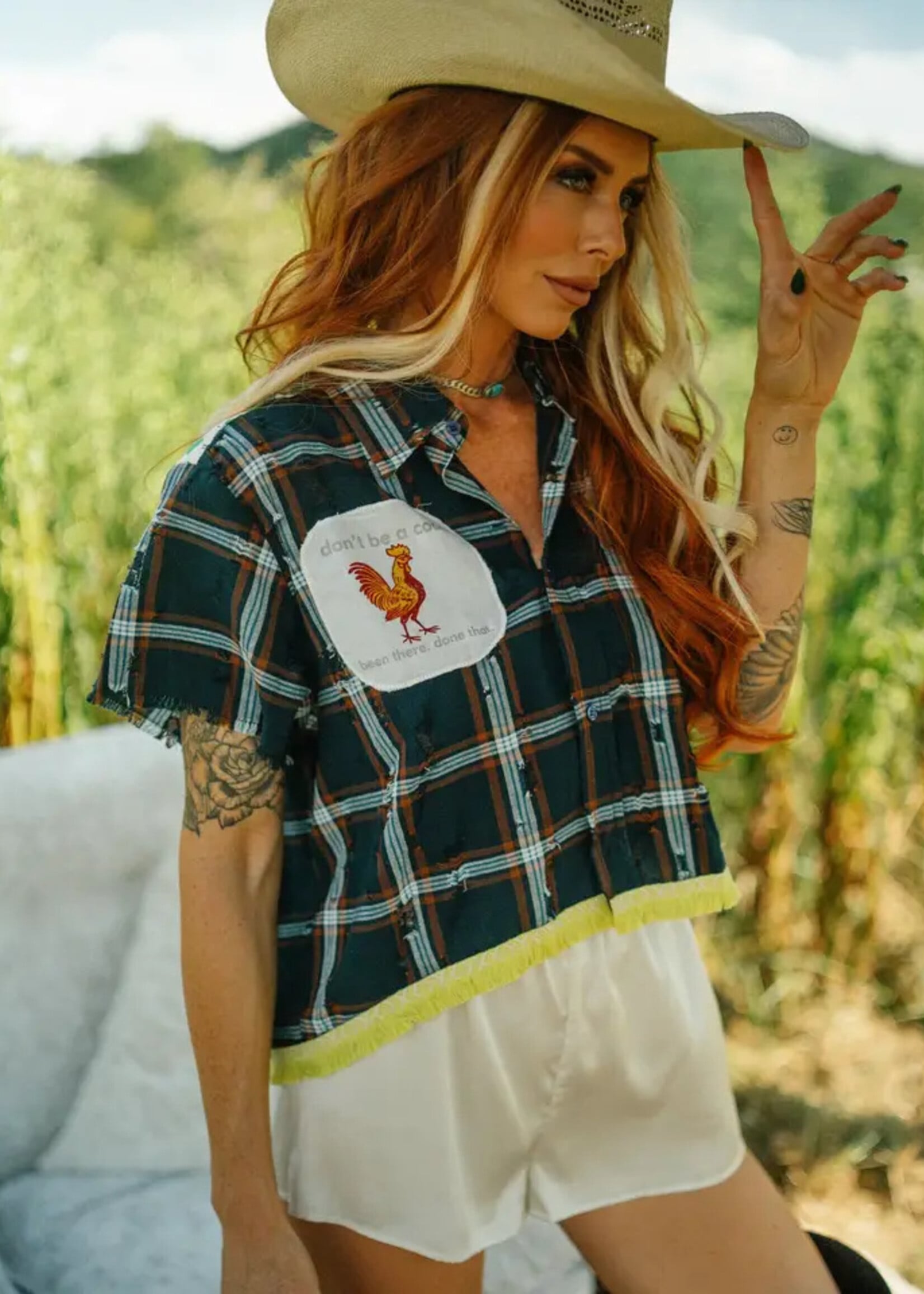 Happy Little Mother Respectfully Dk Green Plaid Rooster Shirt