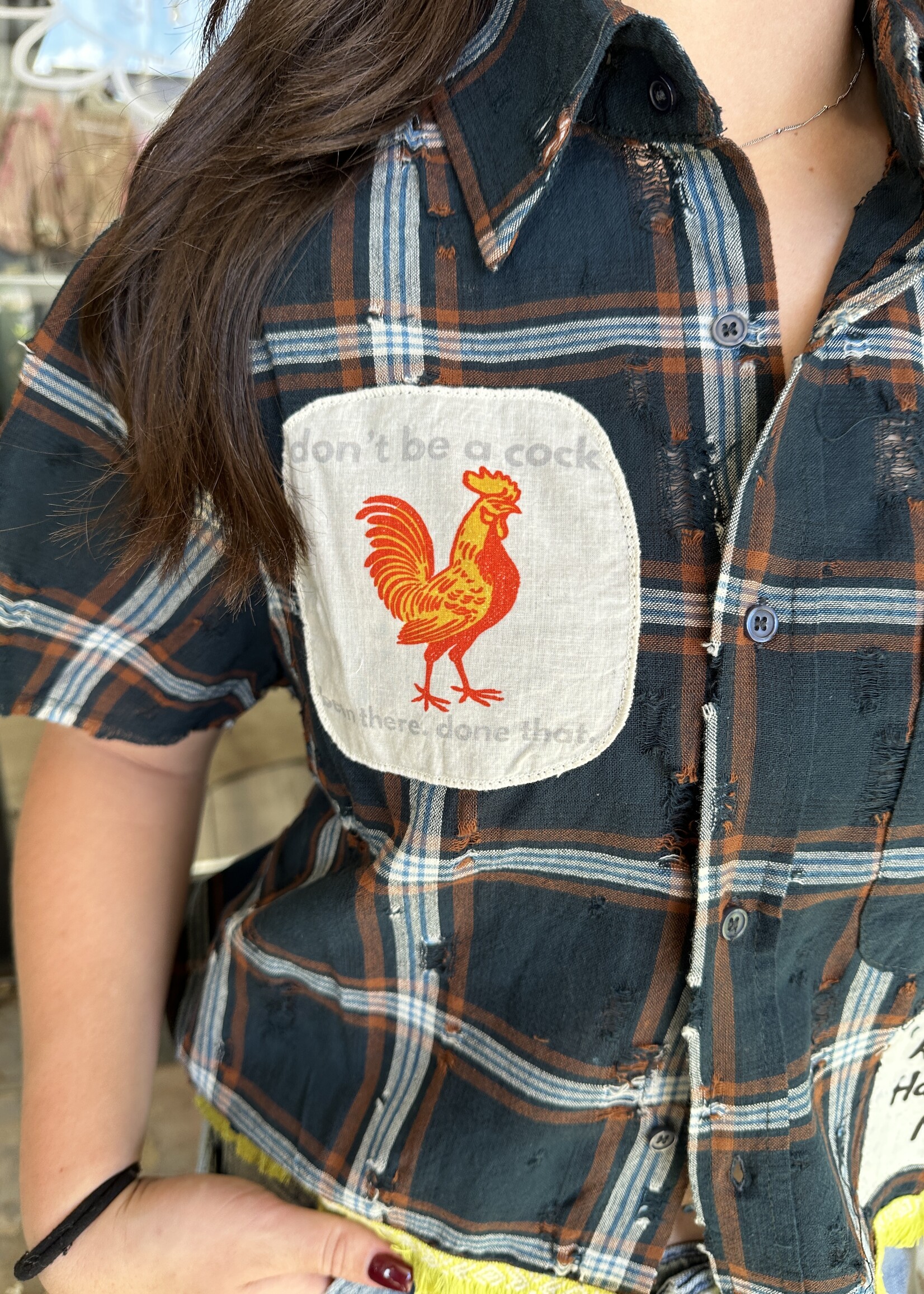 Happy Little Mother Respectfully Dk Green Plaid Rooster Shirt