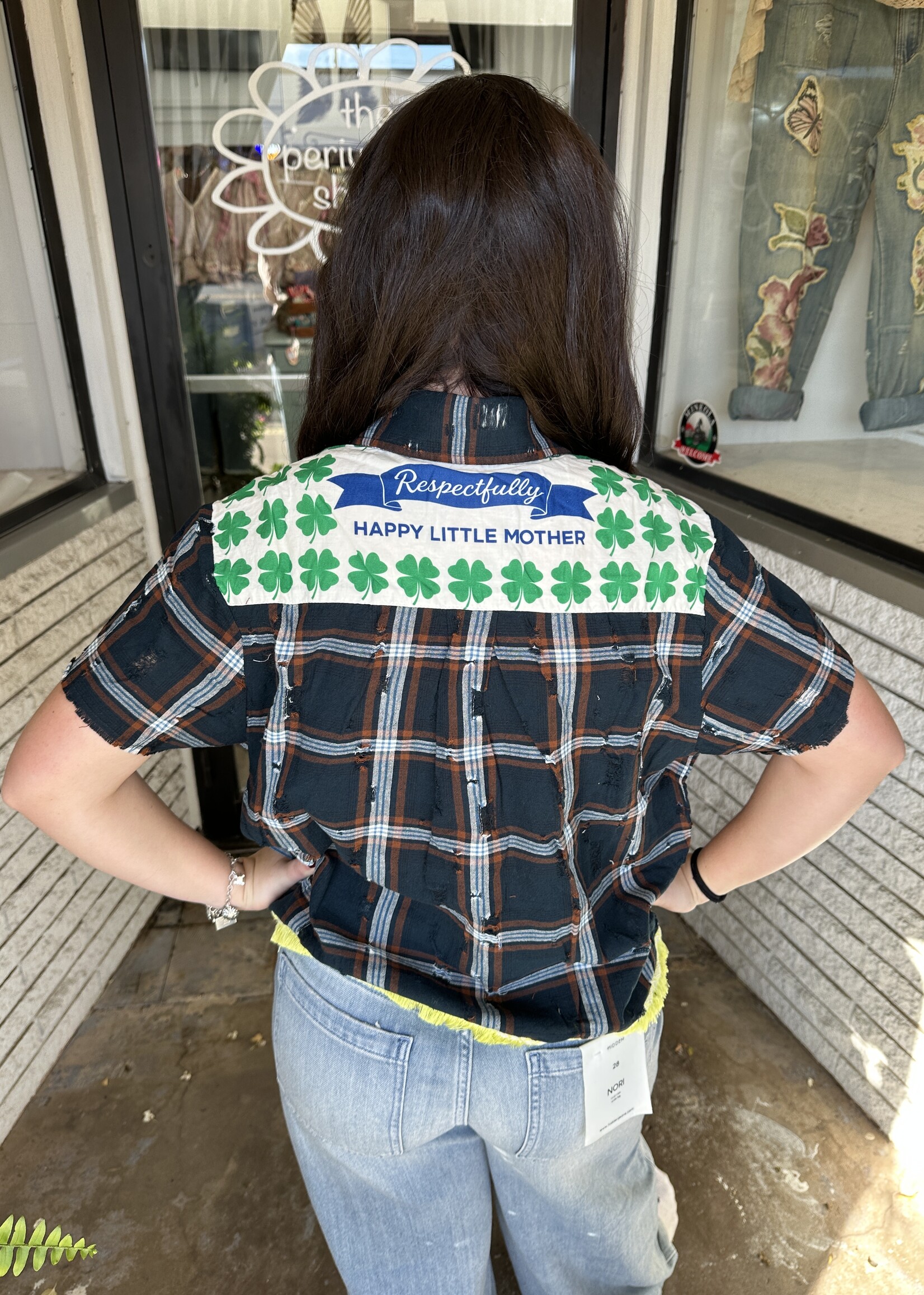 Happy Little Mother Respectfully Dk Green Plaid Rooster Shirt