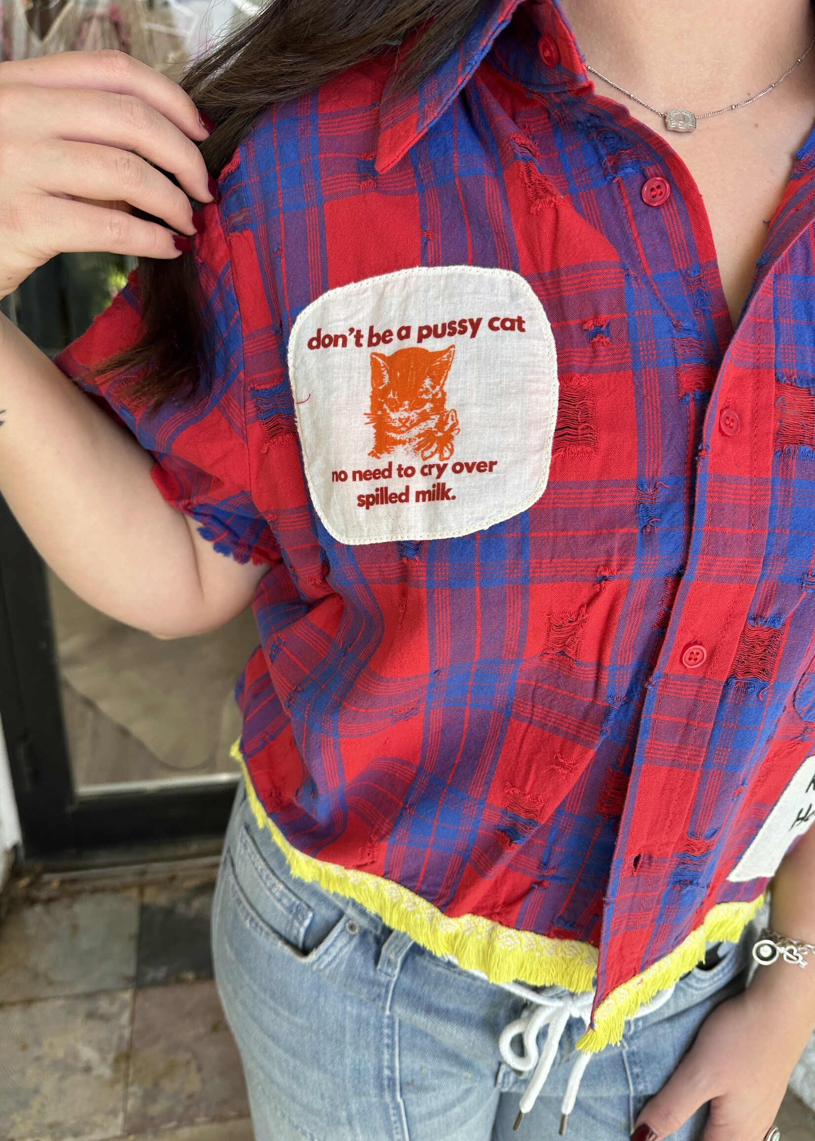 Happy Little Mother Respectfully Red Plaid Cat Spilled Milk Shirt