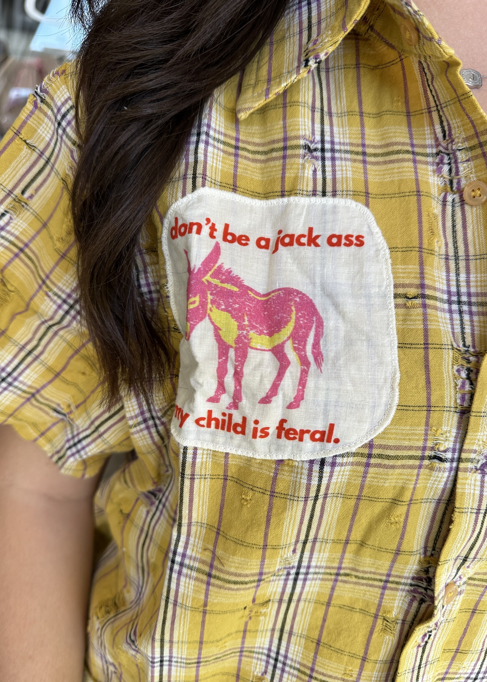 Happy Little Mother Respectfully Yellow Plaid Feral Donkey Shirt