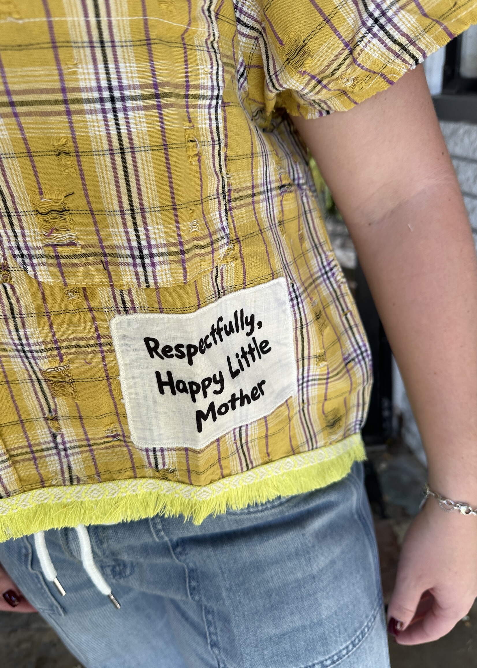 Happy Little Mother Respectfully Yellow Plaid Feral Donkey Shirt