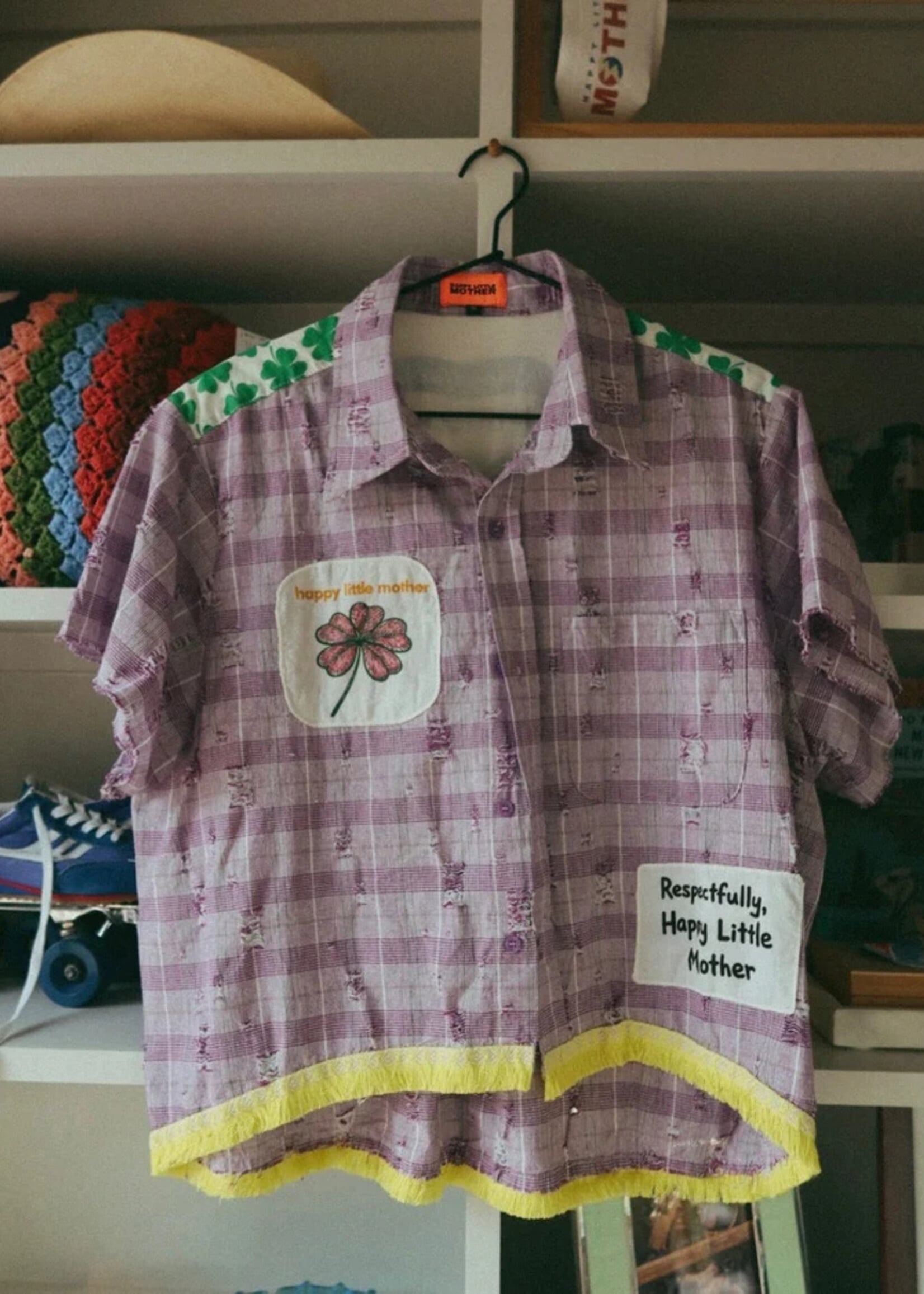happy little mother purple plaid shirt