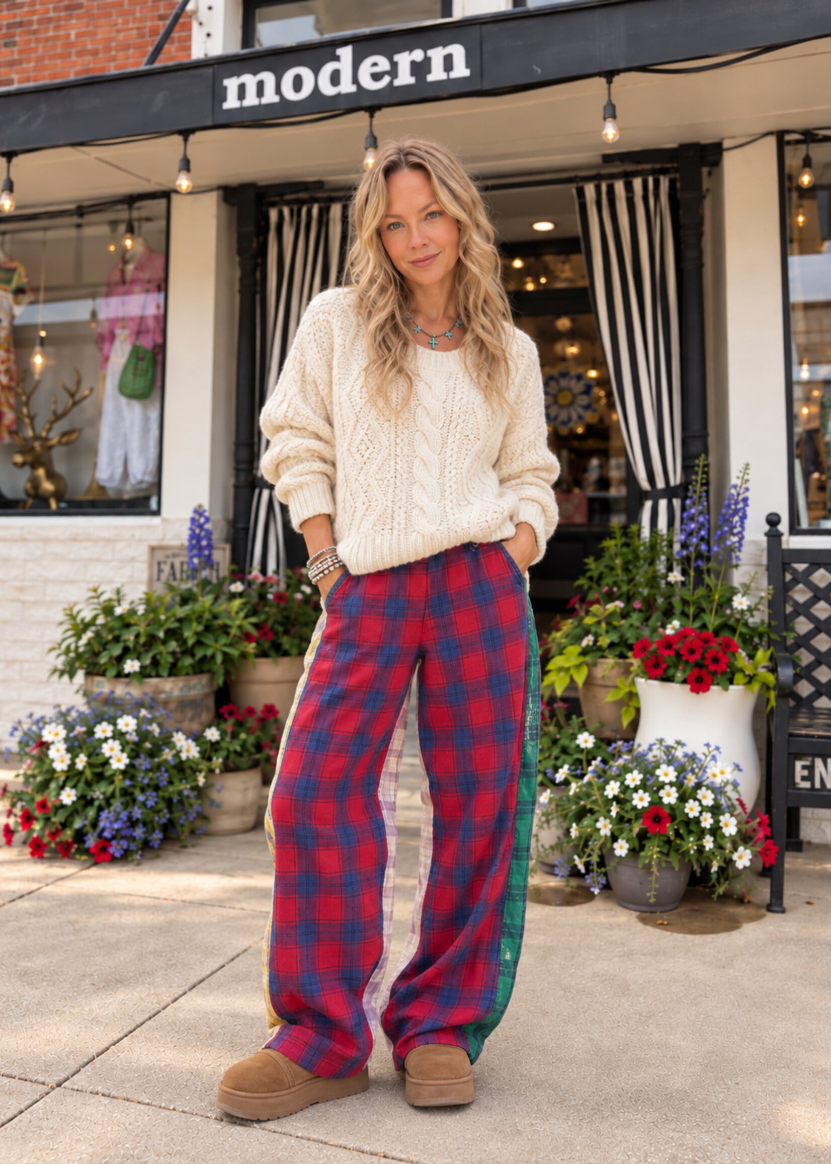 happy little mother plaid pant chunky sweater periwinkle shoppe