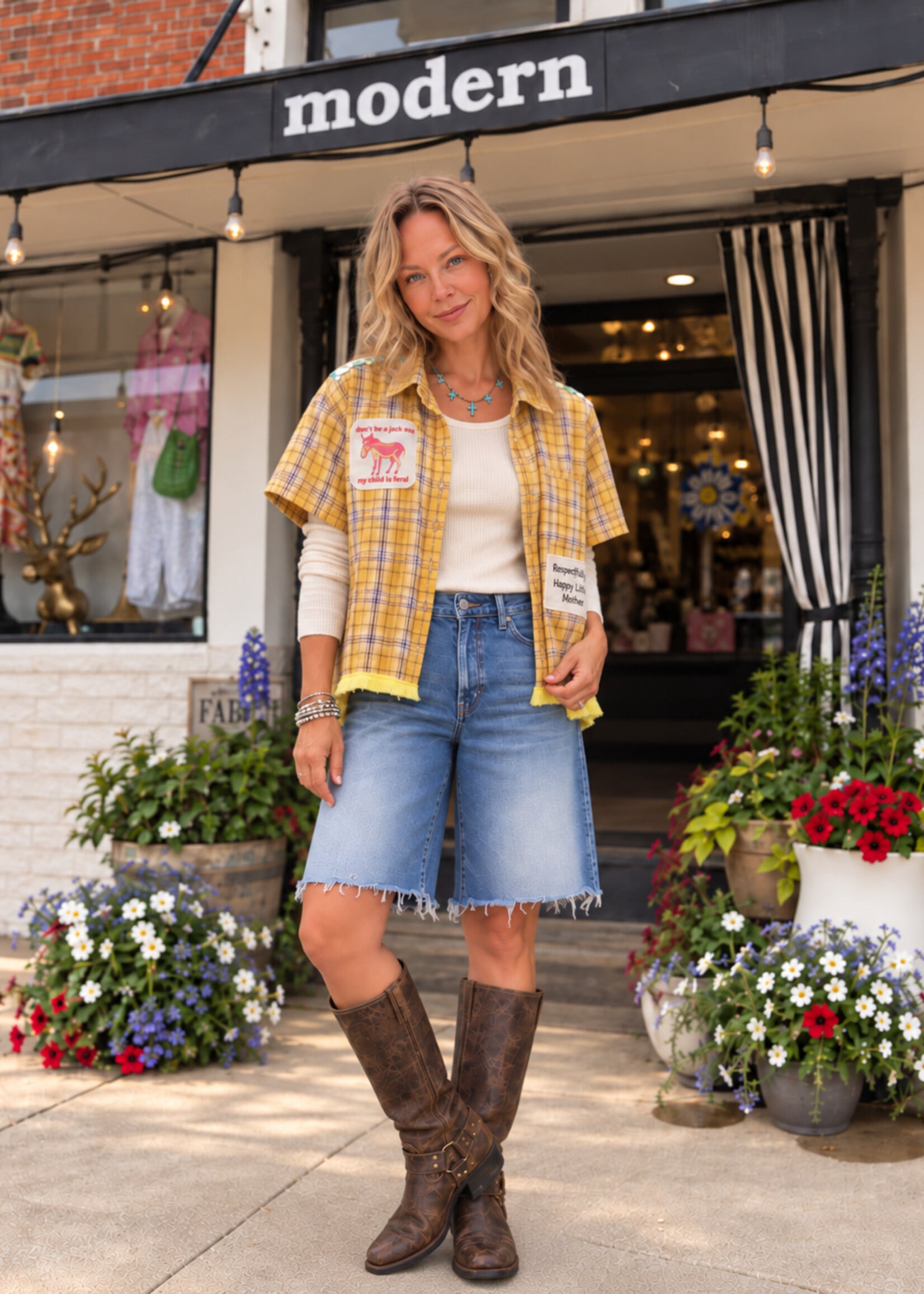happy little mother yellow plaid over thermal shirt