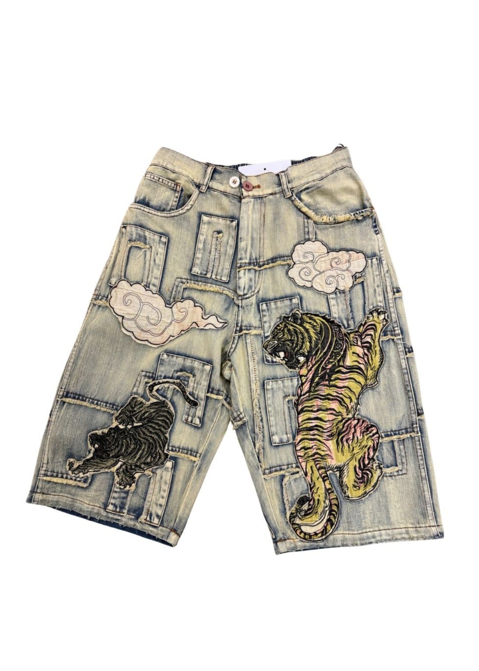 Blue Velvet Tiger Patch Denim Shorts