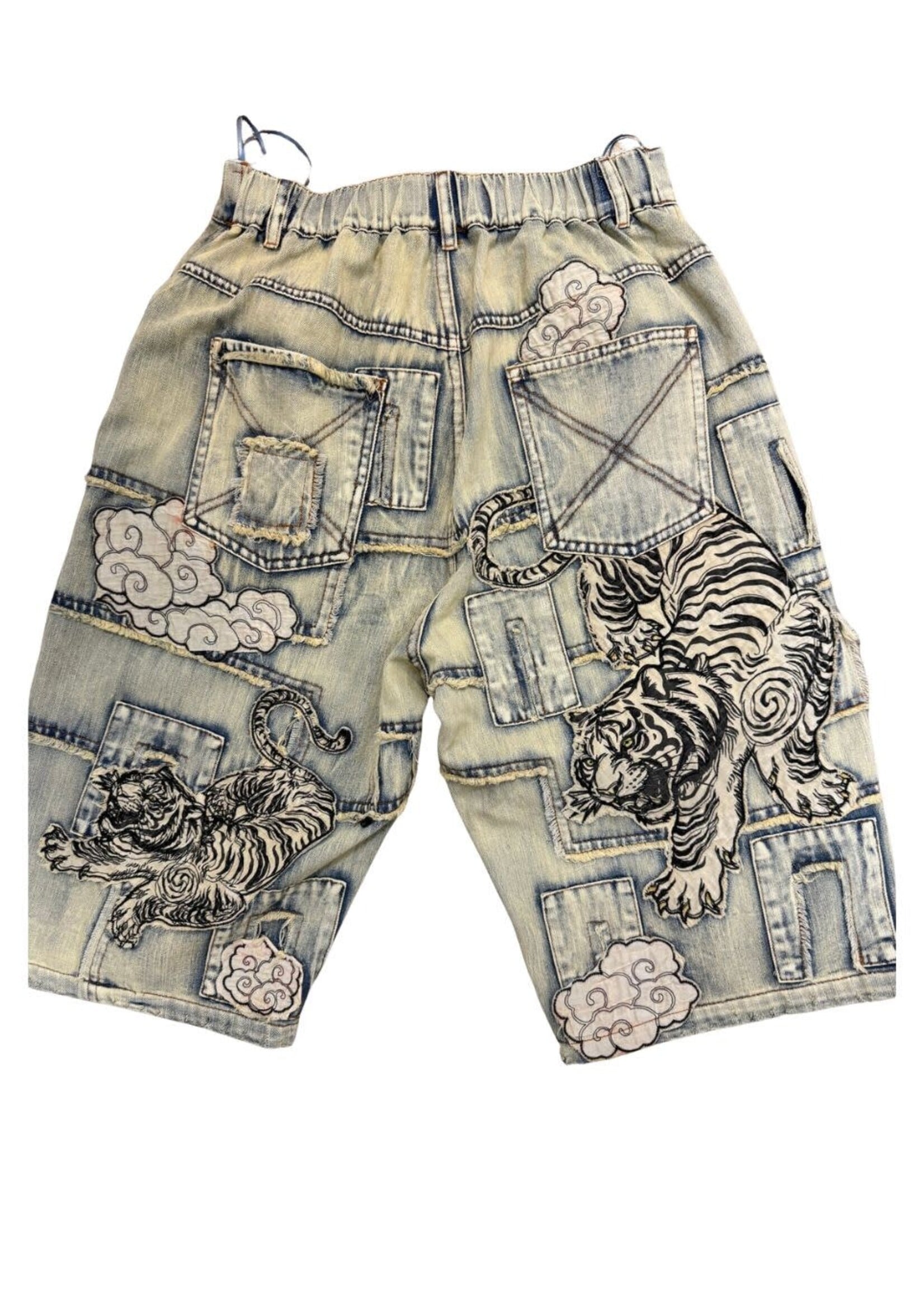 Blue Velvet Tiger Patch Denim Shorts