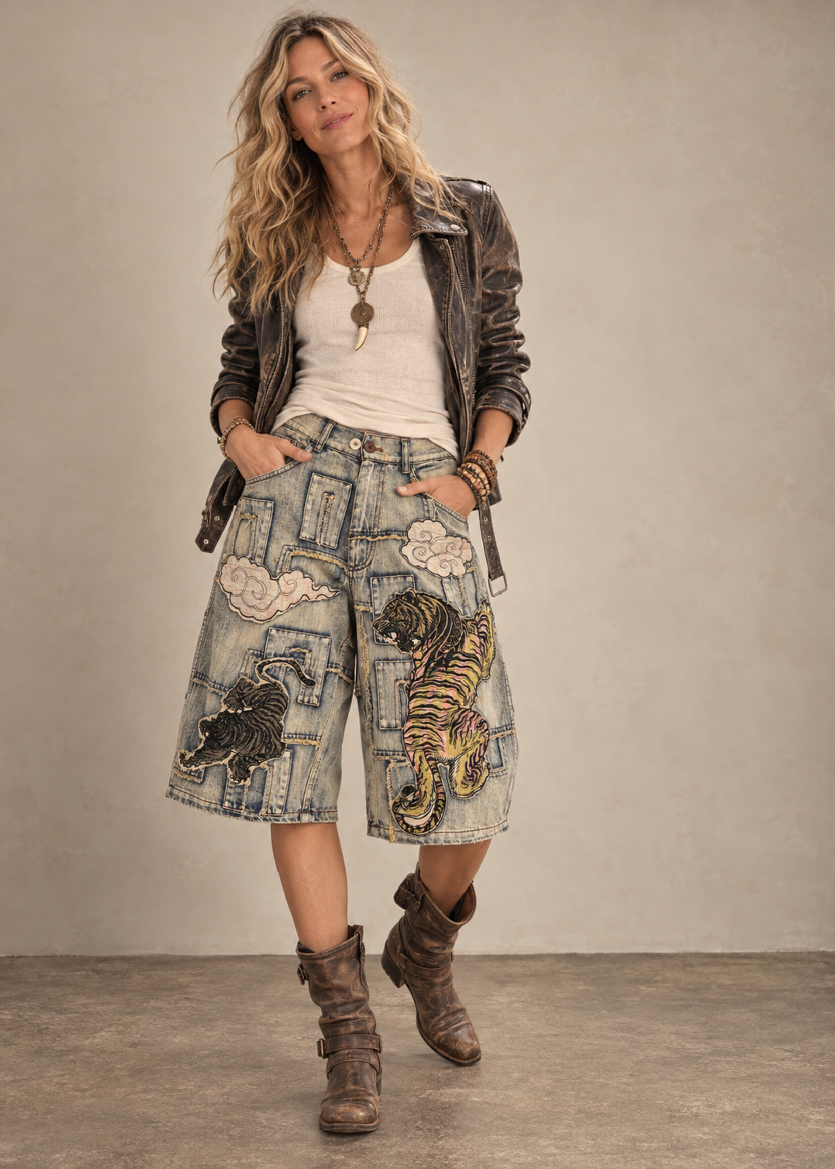 Blue Velvet Tiger Patch Denim Shorts