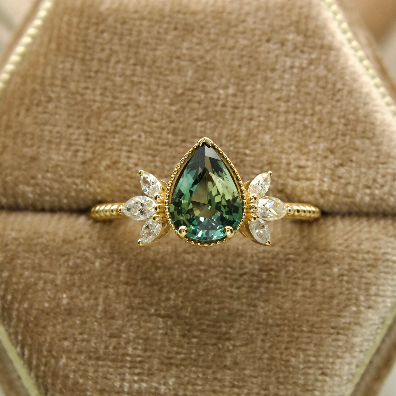 Mckay Diamonds Green-Blue Sapphire Ring with Marquise Diamond Accents and Beaded Detail