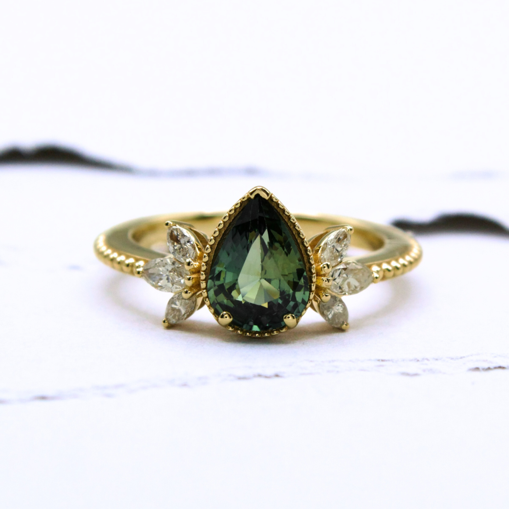 Mckay Diamonds Green-Blue Sapphire Ring with Marquise Diamond Accents and Beaded Detail