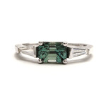 Mckay Diamonds Emerald Cut Teal Sapphire Ring with Tapered Baguette Diamonds