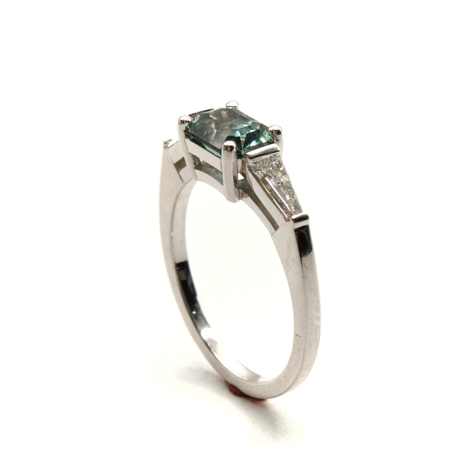 Mckay Diamonds Emerald Cut Teal Sapphire Ring with Tapered Baguette Diamonds