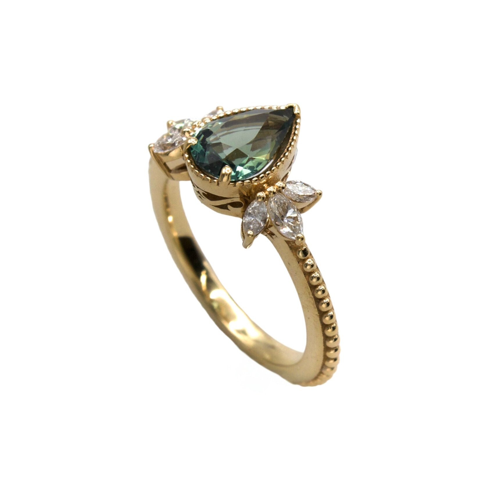 Mckay Diamonds Green-Blue Sapphire Ring with Marquise Diamond Accents and Beaded Detail