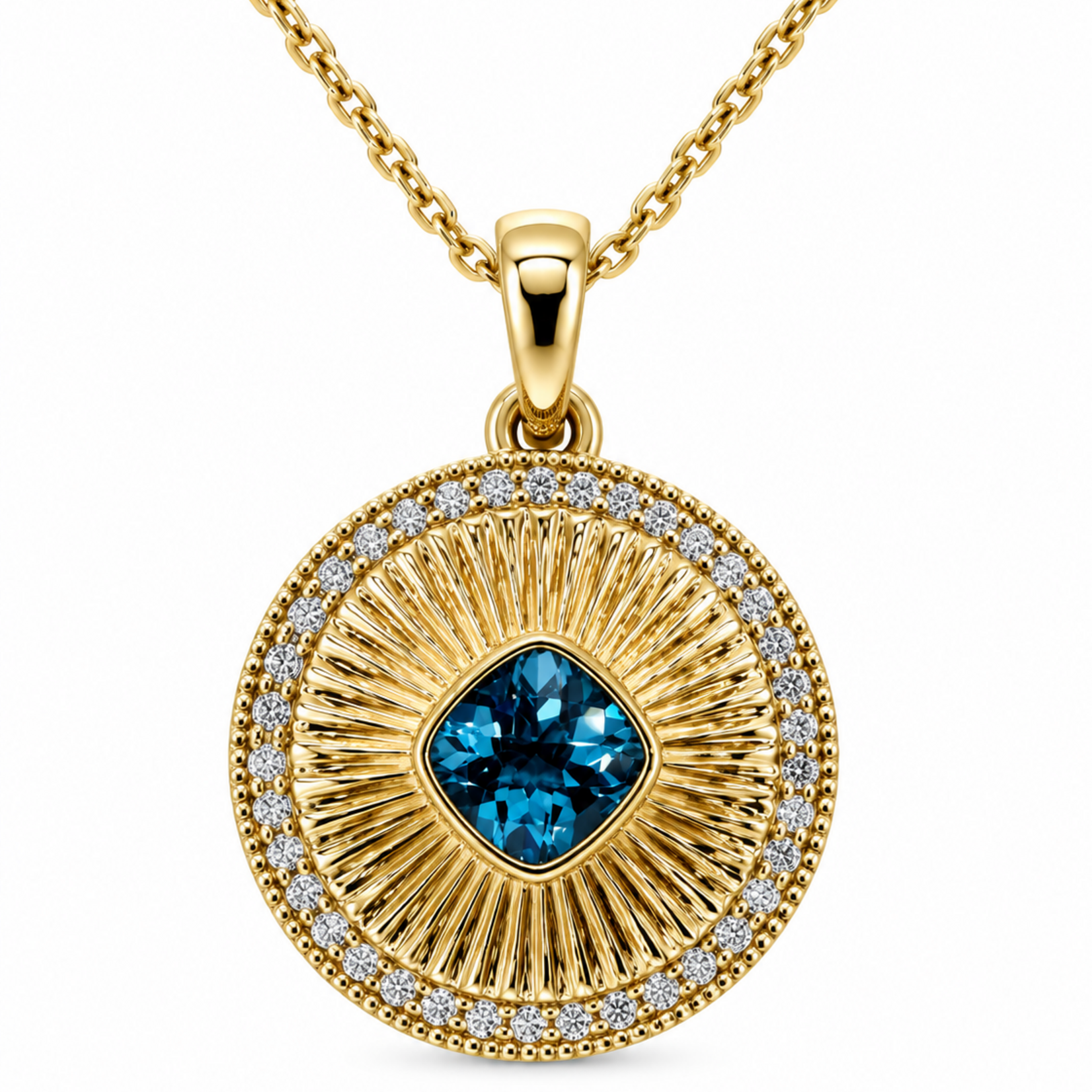 Checkerboard Blue Topaz Sunburst Pendant