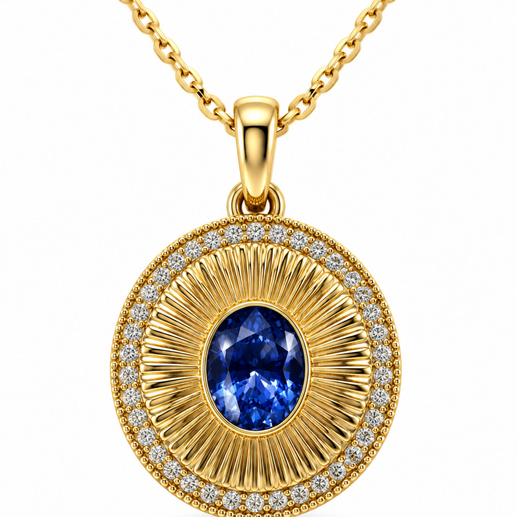 Oval Blue Sapphire Sunburst Pendant