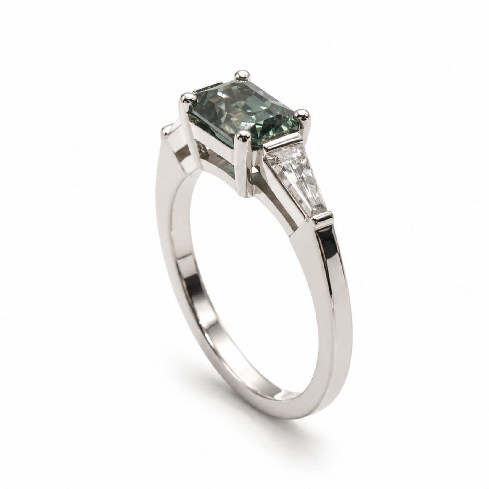 Mckay Diamonds Emerald Cut Teal Sapphire Ring with Tapered Baguette Diamonds