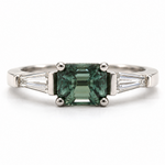 Mckay Diamonds Emerald Cut Teal Sapphire Ring with Tapered Baguette Diamonds