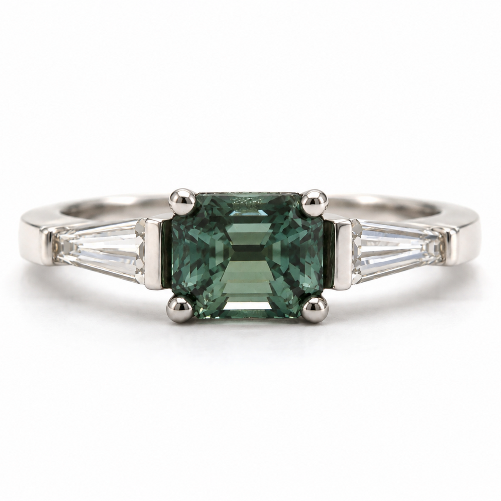 Mckay Diamonds Emerald Cut Teal Sapphire Ring with Tapered Baguette Diamonds