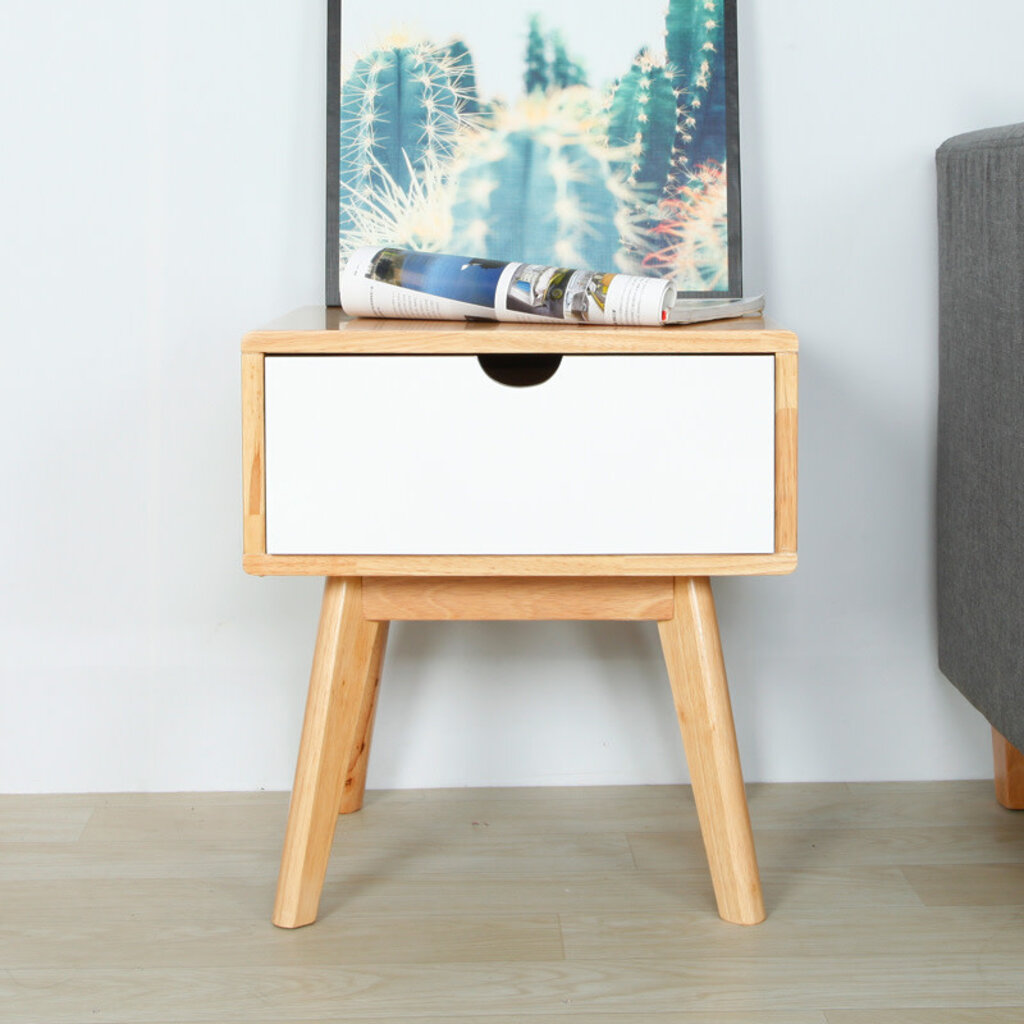 Table de chevet 1 tiroir blanc en hévéa 45x40x50 Cm
