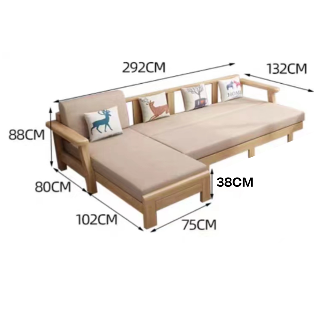 Sofa 3 places avec lit extensible et méridienne en Hévéa 292x82x88 Cm  NORDIC