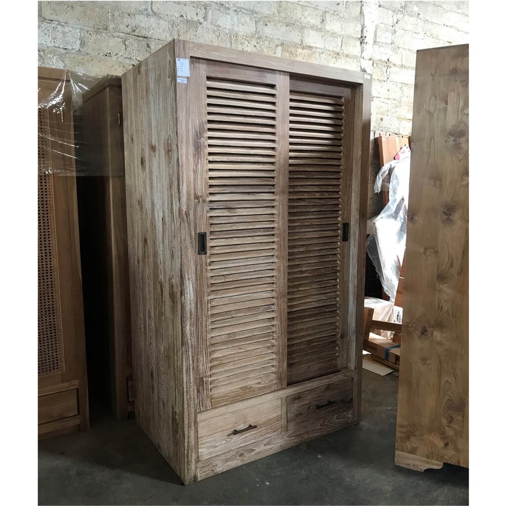 Armoire persiennes 2 portes coulissantes et 2 tiroirs 100x65x200 Cm Cérusé (W-111)