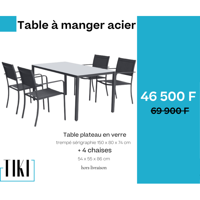 Table 150x80x74 cm+ 4 chaises en textilène châssis en fer Gris Noir