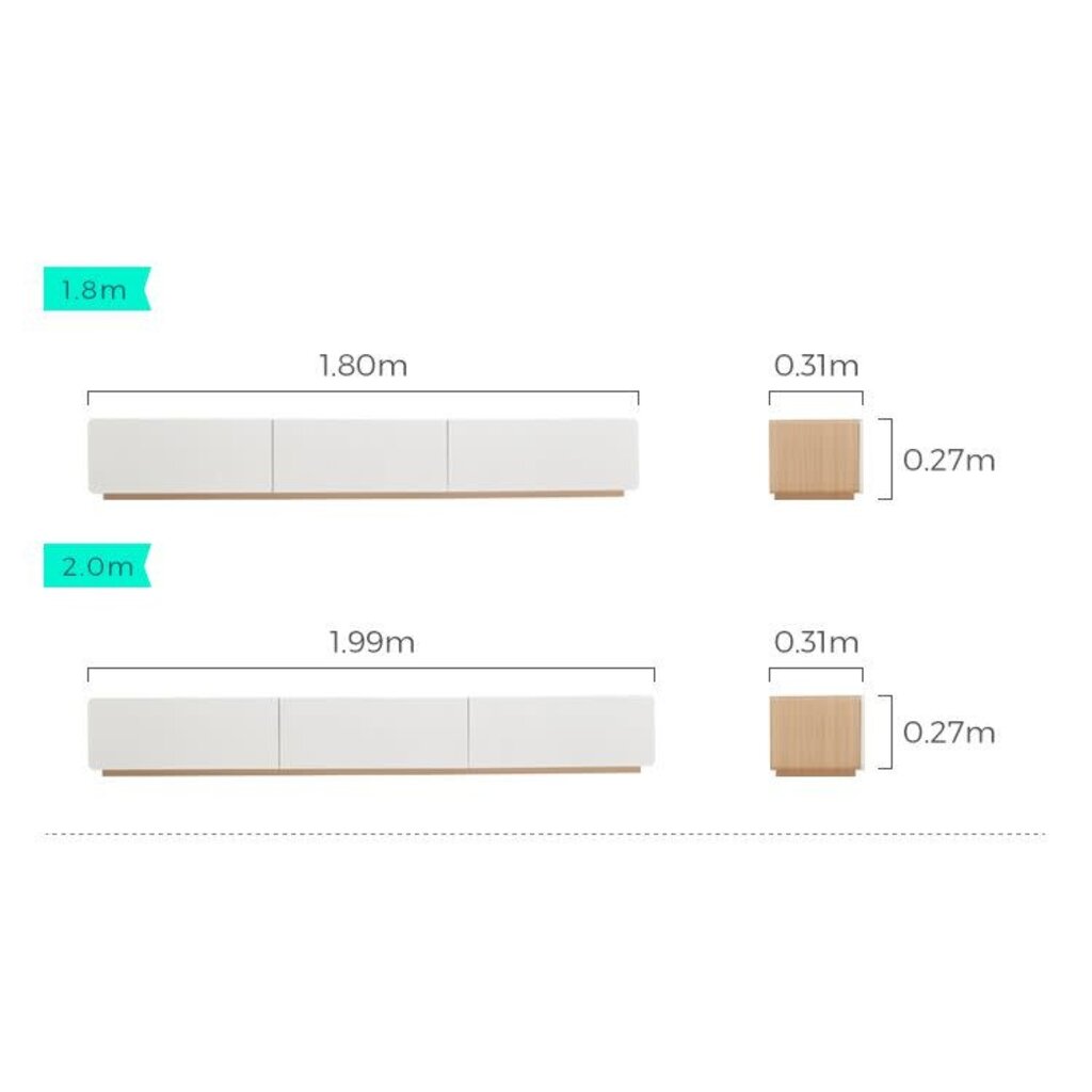 Meuble TV 3 tiroirs 200x31x27 cm Bois + Blanc