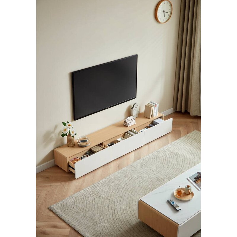Meuble TV 3 tiroirs 200x31x27 cm Bois + Blanc