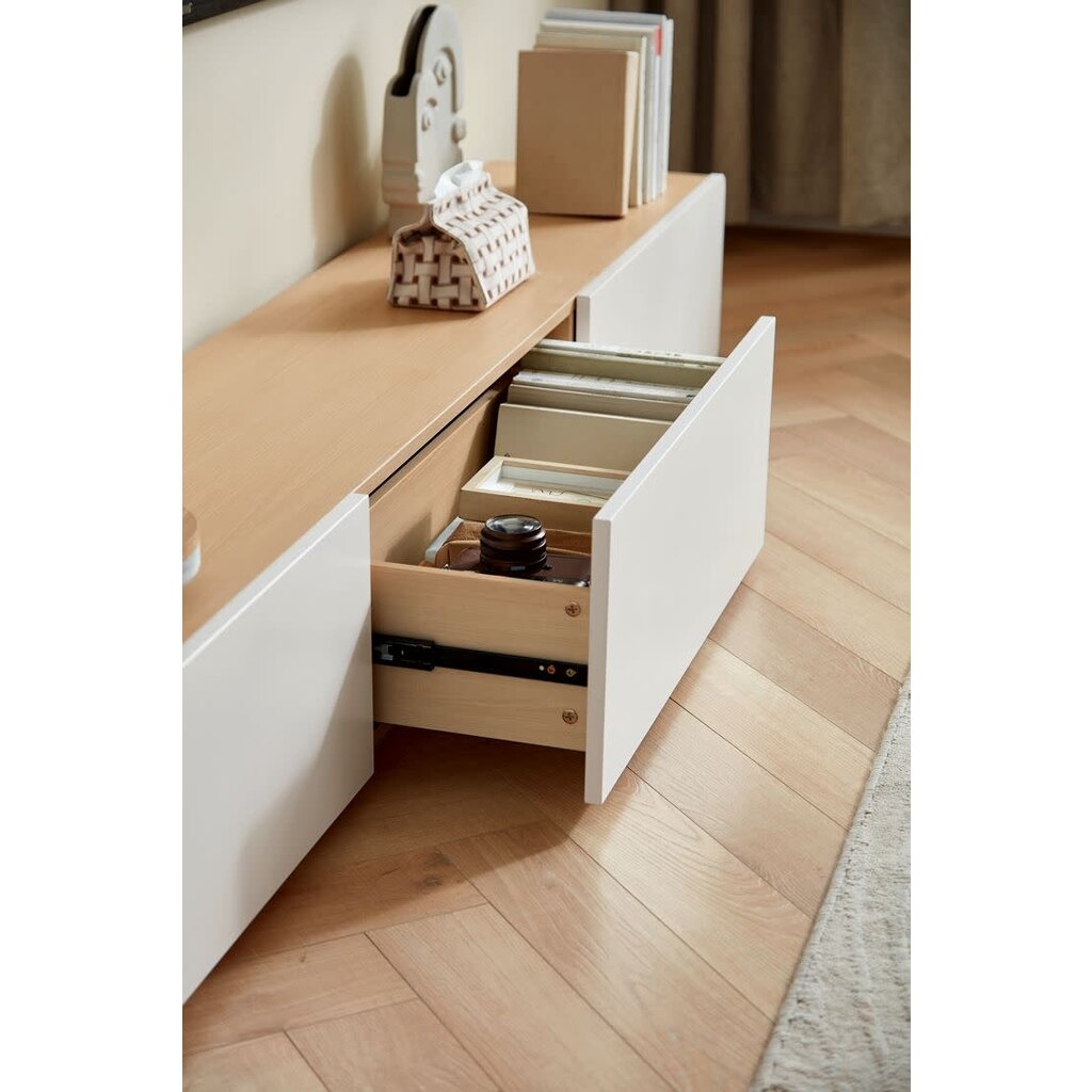 Meuble TV 3 tiroirs 200x31x27 cm Bois + Blanc