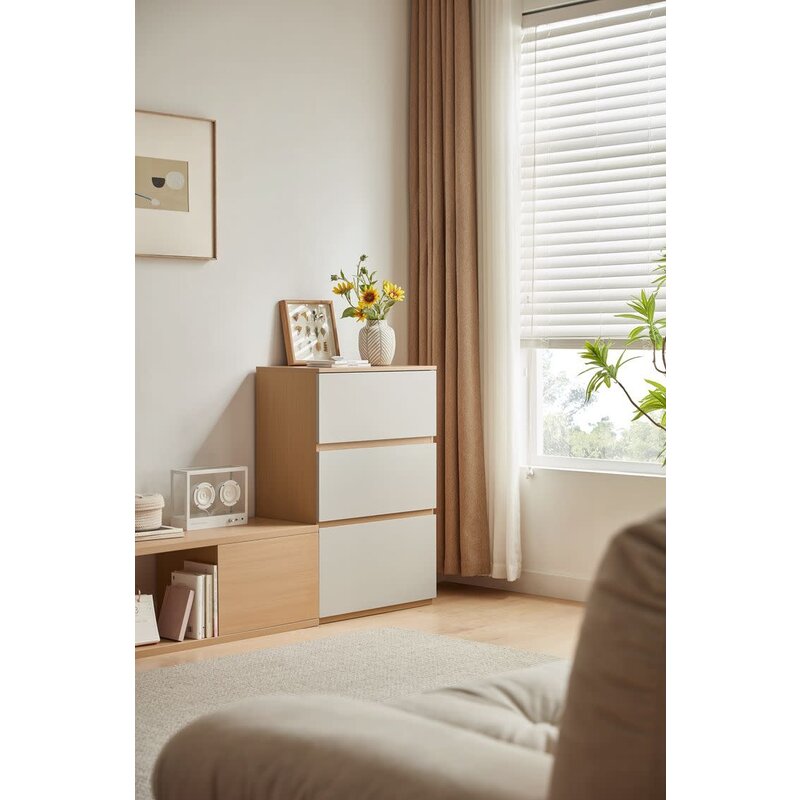 Commode 3 tiroirs 60x35x91 cm Bois + Gris clair