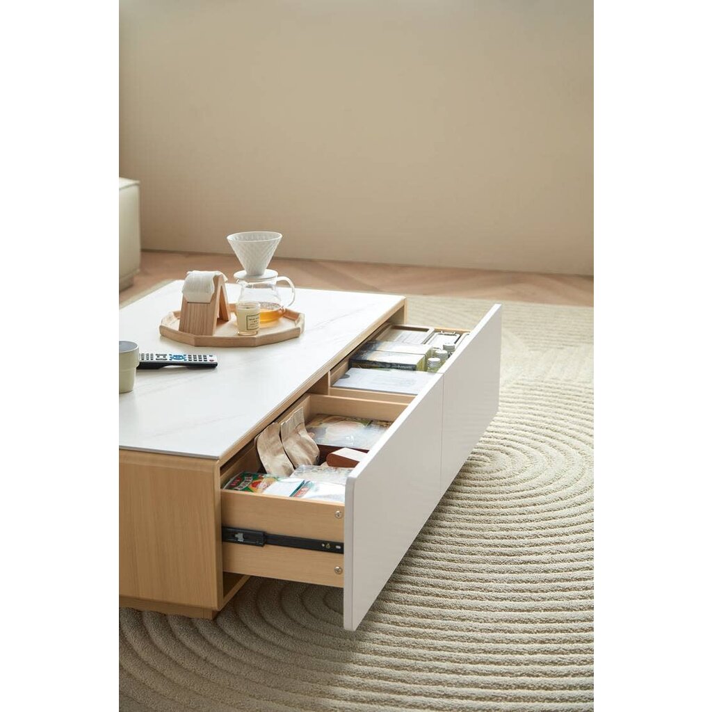 Table basse 4 tiroirs plateau céramique 121x60x32 cm Couleur : Bois + Blanc