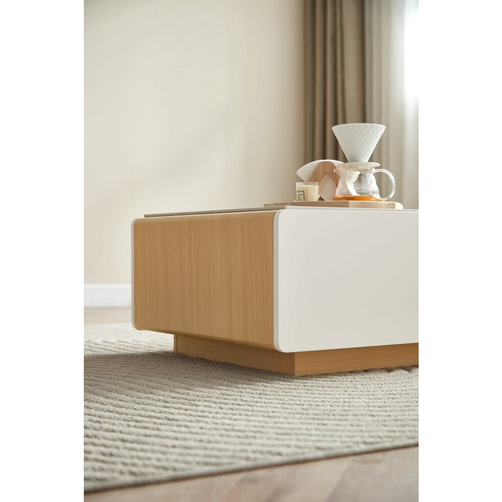 Table basse 4 tiroirs plateau céramique 121x60x32 cm Couleur : Bois + Blanc