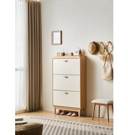 Meuble à chaussure poignées lanière 78x25x135 cm Blanc + bois
