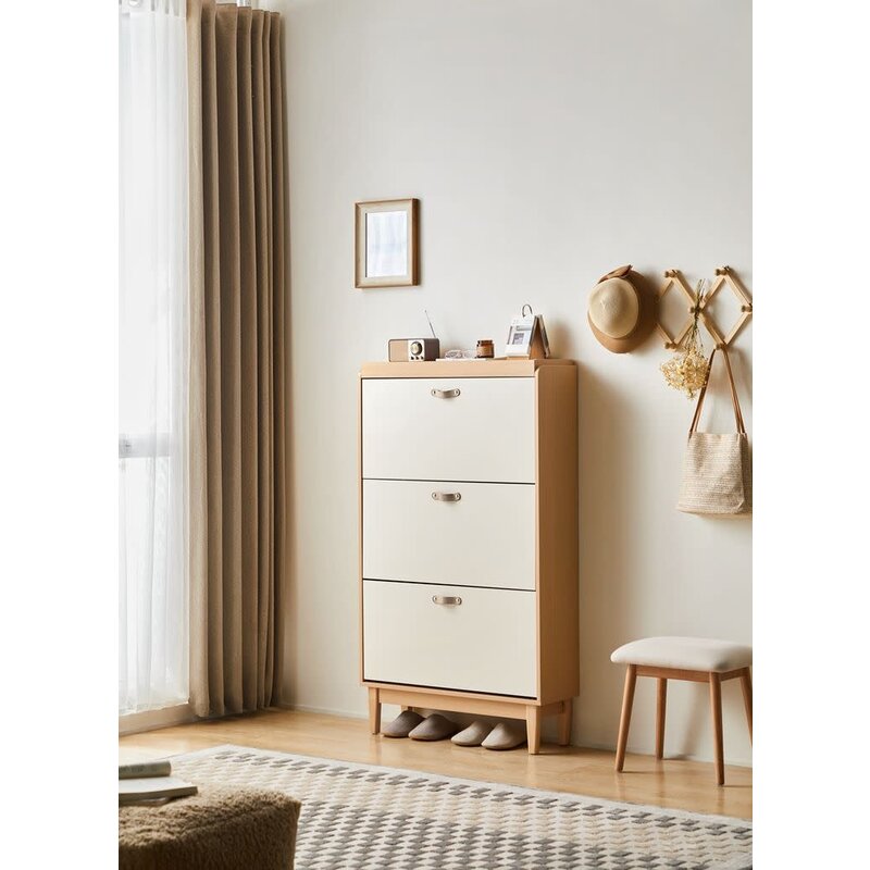 Meuble à chaussure poignées lanière 78x25x135 cm Blanc + bois