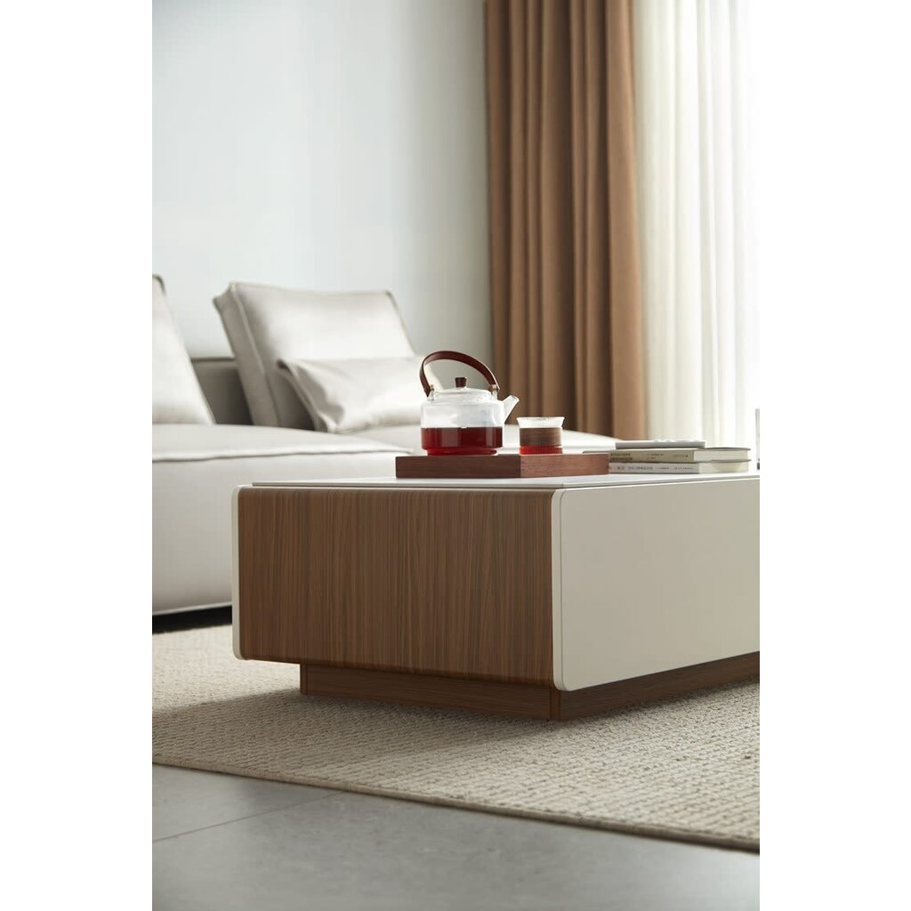 Table basse 4 tiroirs et plateau en céramique 121x60x32 cm Couleur : Noisette + Blanc
