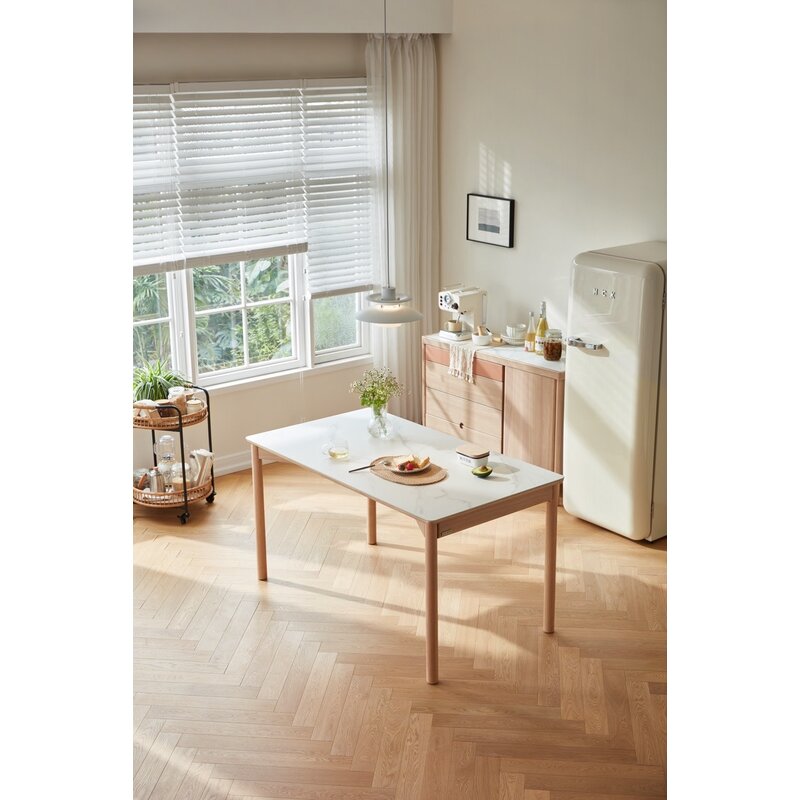 Table à manger en Hévéa et plateau céramique 140x78x75 cm Bois + Blanc