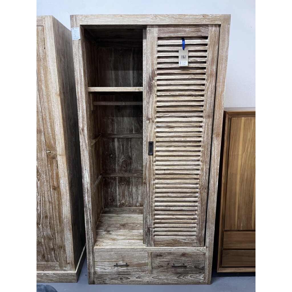 Armoire persiennes 2 portes coulissantes et 2 tiroirs 100x65x200 Cm Cérusé (W-111)