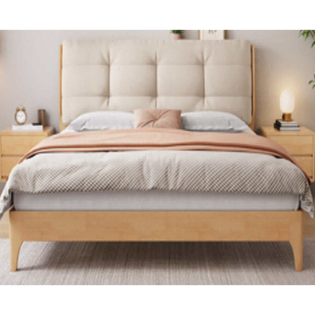 Lit en Hévéa avec tête de lit rembourrée