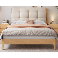 Lit en Hévéa avec tête de lit rembourrée