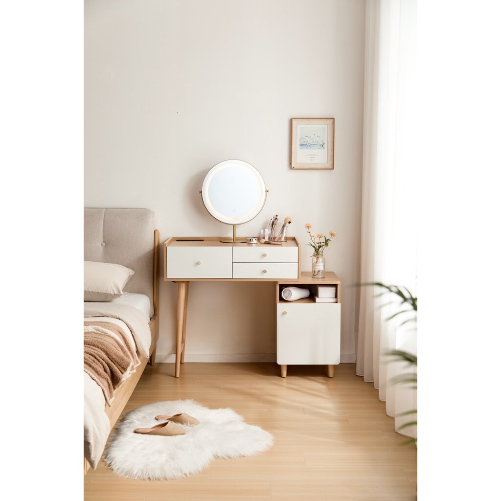 Coiffeuse 3 titoirs avec caisson + miroir 103x42x132 cm Bois + Blanc