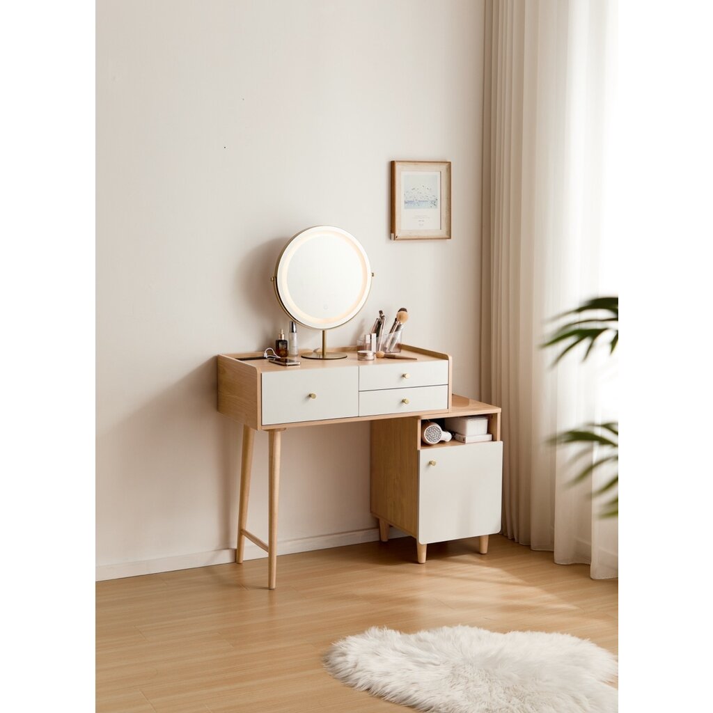 Coiffeuse 3 titoirs avec caisson + miroir 103x42x132 cm Bois + Blanc