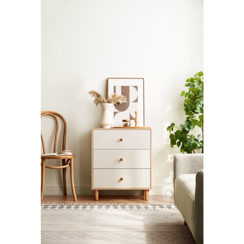 Commode 3 tiroirs 60 cm Bois + Blanc