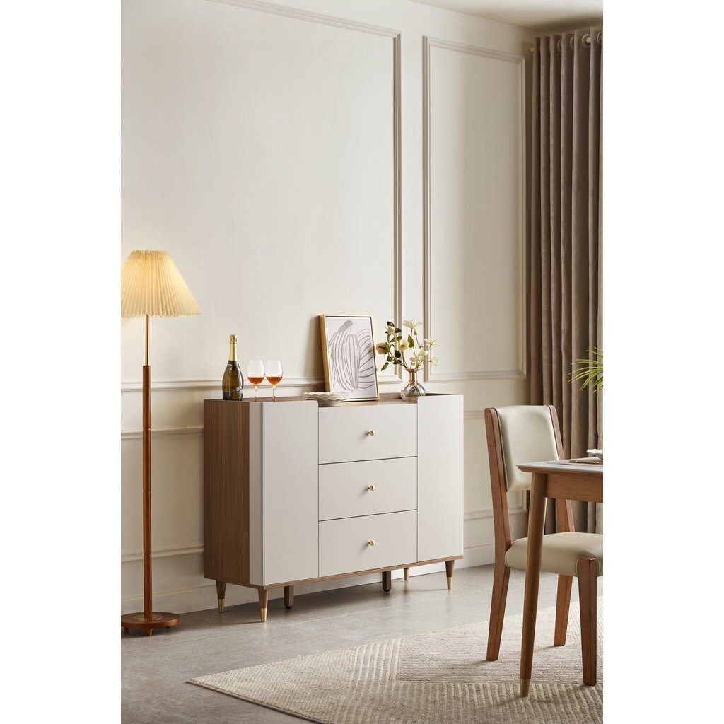 Buffet 2 portes 3 tiroirs 120 cm Noisette + Gris clair