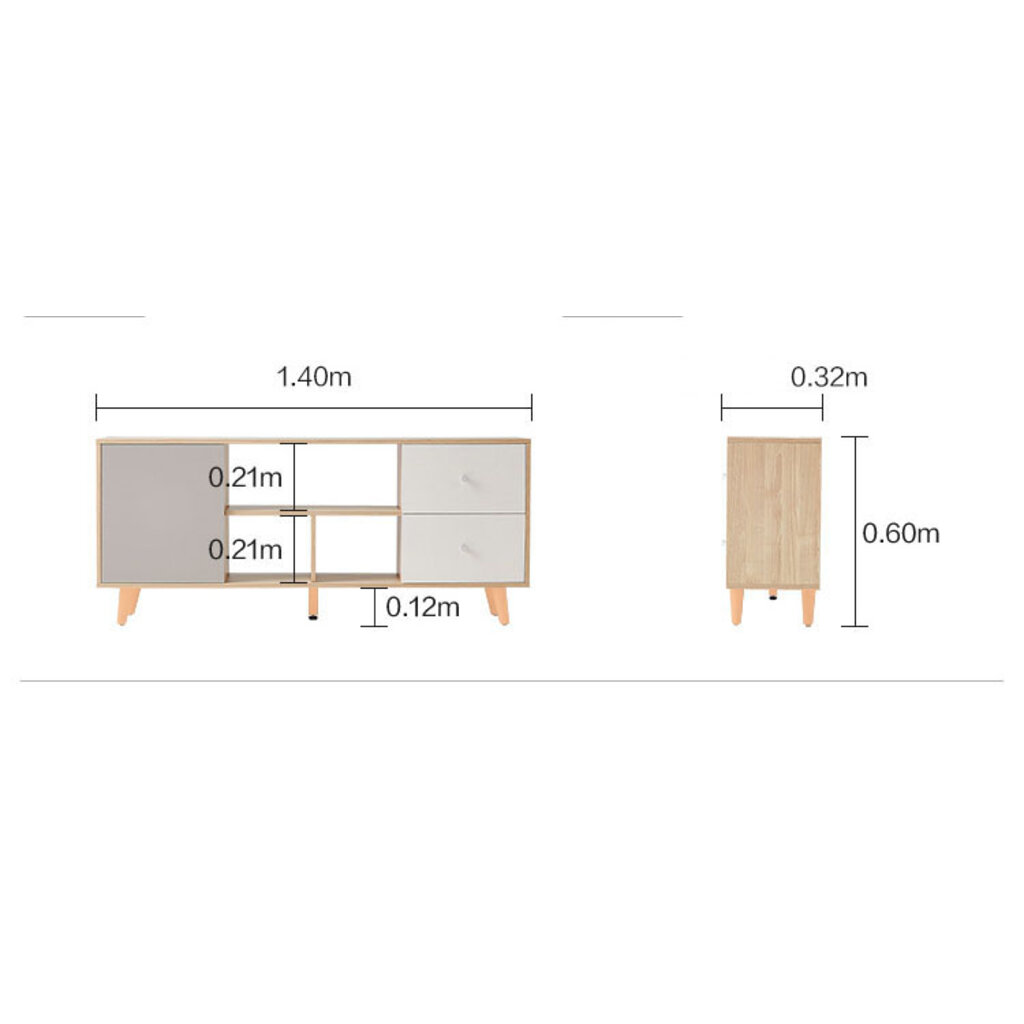 Meuble TV 2 tiroirs blanc 1 porte grise 140X32x60 cm